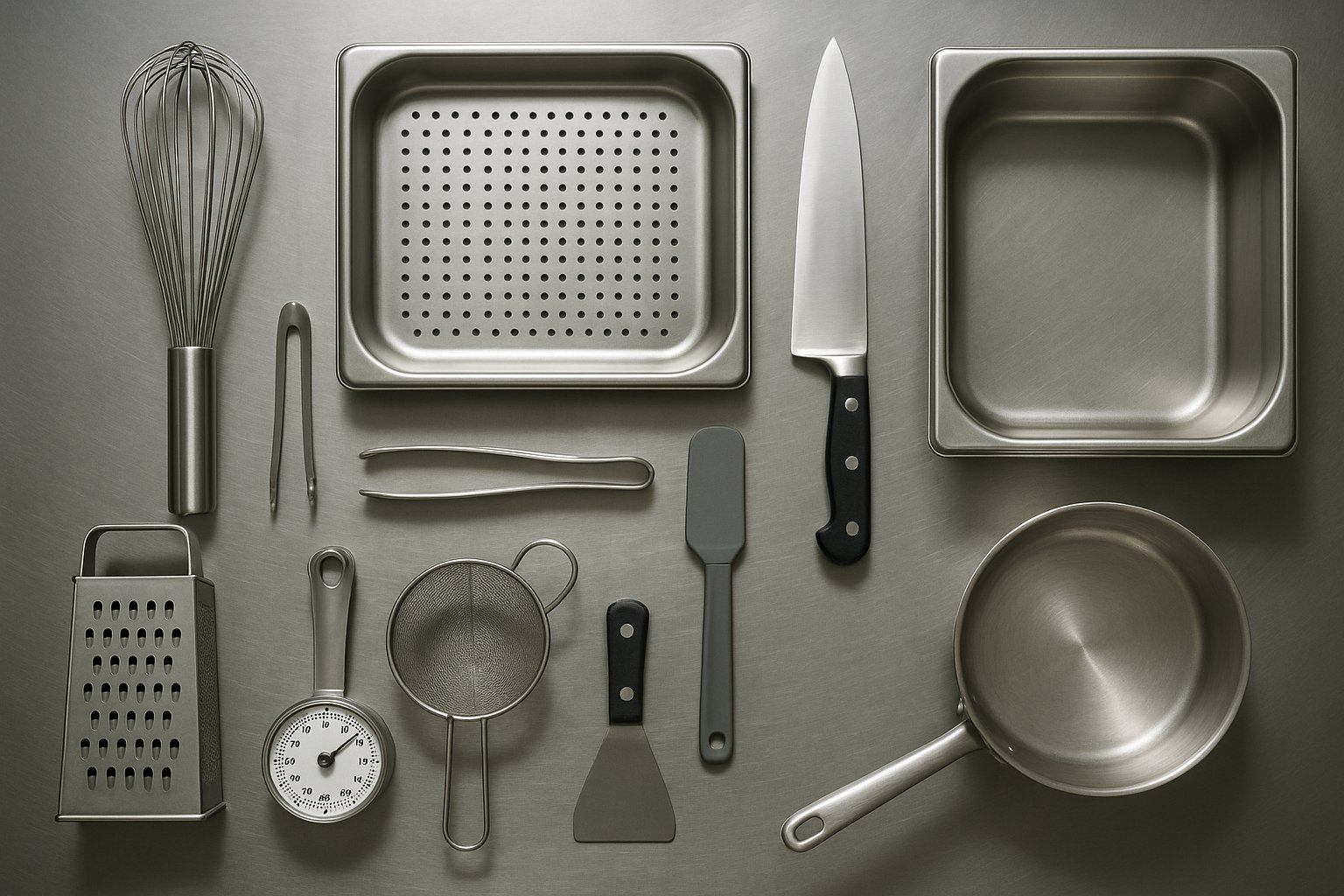 Overhead view of commercial kitchen smallwares laid out on a stainless steel surface — whisk, chef's knife, perforated and solid gastronorm pans, strainer, saucepan, grater and grill scraper
