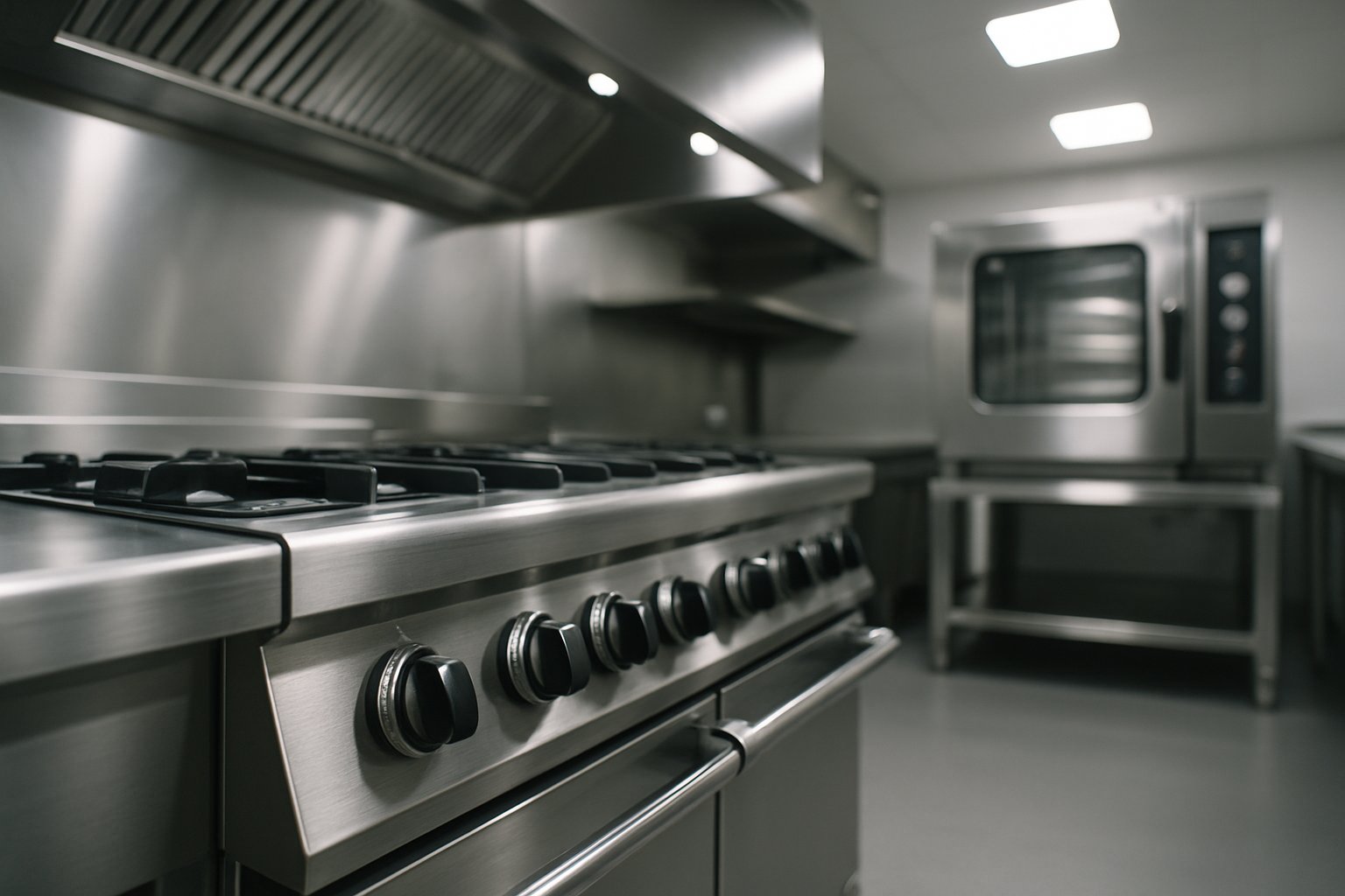 Stainless steel commercial range line beneath an exhaust hood, with a combi oven and prep table beyond, in a professional kitchen